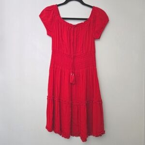American Eagle Outfitters Vibrant Red Midi Dress Ruffle Hem And Tassle Detail